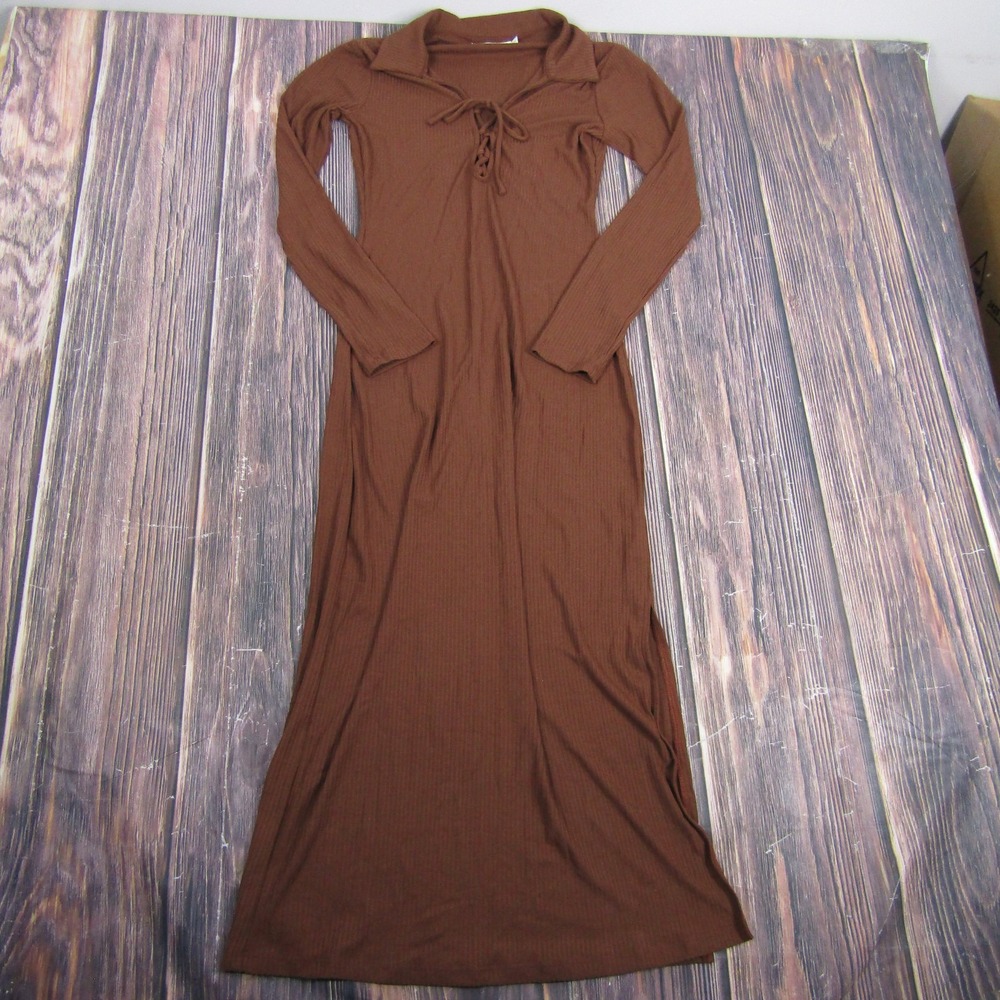 Lush Dress Womens XS Brown Lace Up Collared Long Sleeve Midi DR96788-003